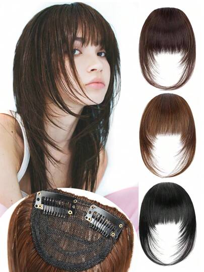 Flequillo sintético de fibra resistente a altas temperaturas, recto y natural, con capas, con clip, flequillo completo de 12 pulgadas