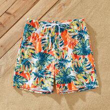 PP Family Matching Orange And All Over Tropical Plant Print Splicing Ruffle One-Piece Swimsuit And Swim Trunks Shorts - Orange - View 5