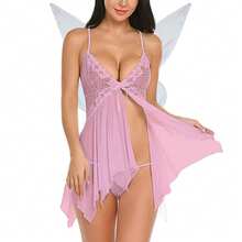 Halloween Fairy Costumes For Adult Cosplay Costume Women Lace Floral V-Neck See Through Lingerie Cami Dress + Fairy Wings 2Pcs Halloween Outfits Nightwear Party Clubwear - 粉色 - 查看 3