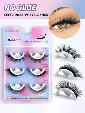 MAGEFY 3对免胶自粘假睫毛 猫眼睫毛 狐狸眼假睫毛 尾眼拉长 放大双眼 浓密 立体放大双睫毛 夏季旅行必备 海滩度假 露营旅行