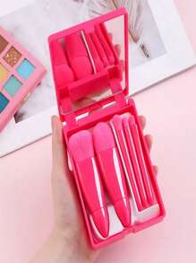5 Pieces, Convenient Makeup Brush Set With Dressing Mirror, Convenient For Traveling, Plastic Brush Handle, Comfortable And Soft Grip, Foundation Powder, Smudge Eyeshadow Brush, Lip Brush, Small And Exquisite Facial Makeup Tools, As A Gift For Friends