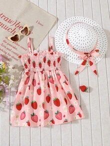 2 件套女婴水果印花吊带连衣裙，配有腰带和帽子，夏季度假装 - 彩色 - 查看 3