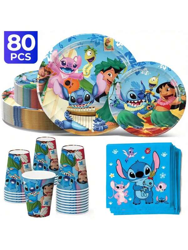 Disney Set de 80 piezas de vajilla de fiesta de Disney Stitch - 20 platos de cena, 20 platos de postre, 20 vasos y 20 servilletas, juego de vajilla desechable con tema de alienígena lindo para cumpleaños, luau, baby shower, barbacoa, picnic (suministros a granel para fiestas hawaianas, estampados vibrantes)