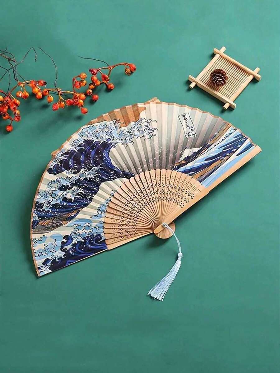 1 pieza Abanico plegable de mano con flores, abanico de seda y bambú con borlas, abanico plegable de mano calado para mujeres, adecuado para viajes al aire libre, actuaciones de baile, uso con cheongsam, accesorios de fotografía, regalos decorativos (estilo retro), color de borla aleatorio - multicolor - Ver 1