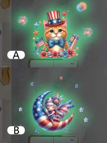 Set de 2 calcomanías de pared con diseño de gato que brillan en la oscuridad para el Día de la Independencia, pegatinas de pared de decoración de habitación