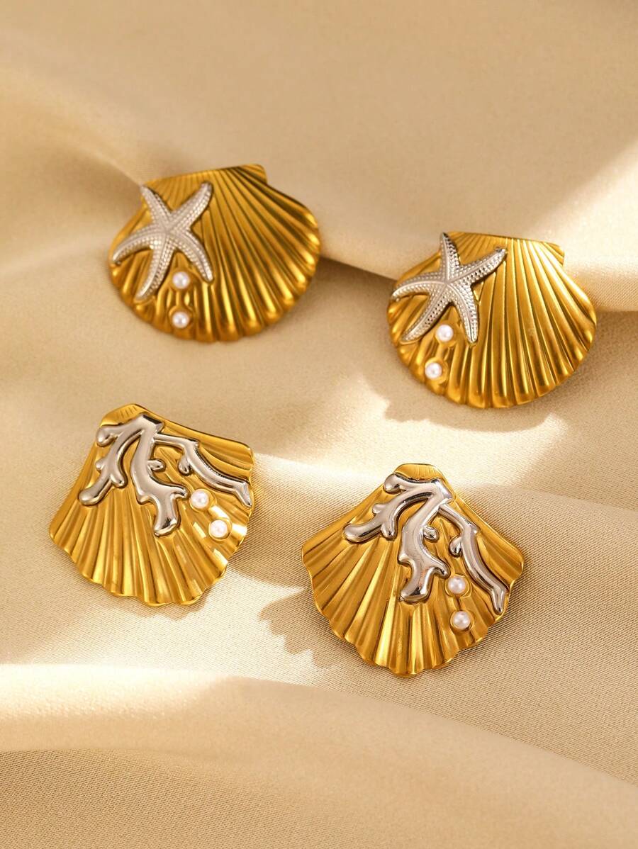 1 Paar Edelstahl Ohrringe mit Kunststoffperle, Muschel- und Seestern-Design, modisches Accessoire für Sommerbeach, Party, Urlaub