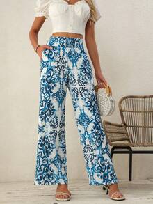 女士时尚优雅波西米亚风直筒阔腿裤，春夏 - 藍色 - 查看 4