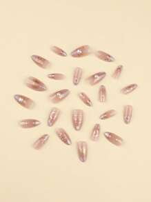 24pcs Boho Press On Nails Star Moon Fake Nails Short Almond Shape False Nails Manicure Set Includes 1sheet Adhesive Tabs & 1pc Mini File Perfect For Everyday Wvear