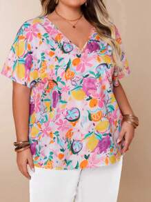 Fruit Print V-Neck Batwing Sleeve Casual Vacation Short Sleeve Tops, Lightweight Plus Size Women Summer Clothing