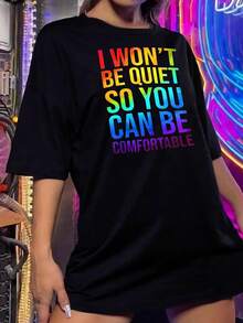 Camiseta gráfica arcoíris para mujer - Camiseta del orgullo LGBTQ+ Camiseta con mensaje de igualdad, corte holgado, algodón, para mujer - Negro - Ver 2