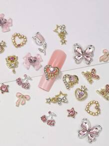 24 Nail Accessories, Y2k Alloy Nail Art Rhinestone Accessories, 3D Heart-Shaped Star Bow Rhinestone Cherry Nail, Gemstone Shiny Jewelry, Nail Decoration Accessories And Supplies