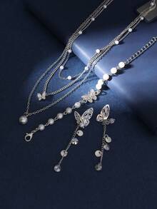 1 套时尚个性化珍珠和蝴蝶多层项链、串珠手链、耳环首饰套装，适合女士 - 銀色 - 查看 3