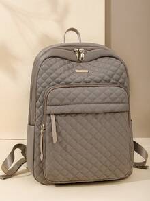 Women Nylon Solid Color Quilted Large Capacity Backpack, Versatile Casual School Student Travel Commuter Bag - Khaki - View 12