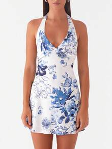 Women Y2k Halter Back Tie Up Bow Formal Mini Dress Cute Floral Backless Silk Satin Beach Vacation Short Dresses Summer Club Party Night Sundress - 藍色 - 查看 3