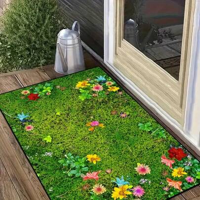 1 pieza Felpudo de bienvenida de terciopelo con flores, verde con flores multicolor, respaldo antideslizante, poliéster lavable a máquina, decoración polivalente para entrada, dormitorio, cocina, puertas del baño, felpudo de bienvenida al aire libre | Acento de piso vibrante | Felpudo de textura suave, felpudo de entrada al aire libre