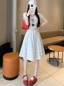 High-Waisted Flowy Ruffle Trim A-Line Skirt, White Casual Versatile Cake Skirt, Summer 2025 Korean Style