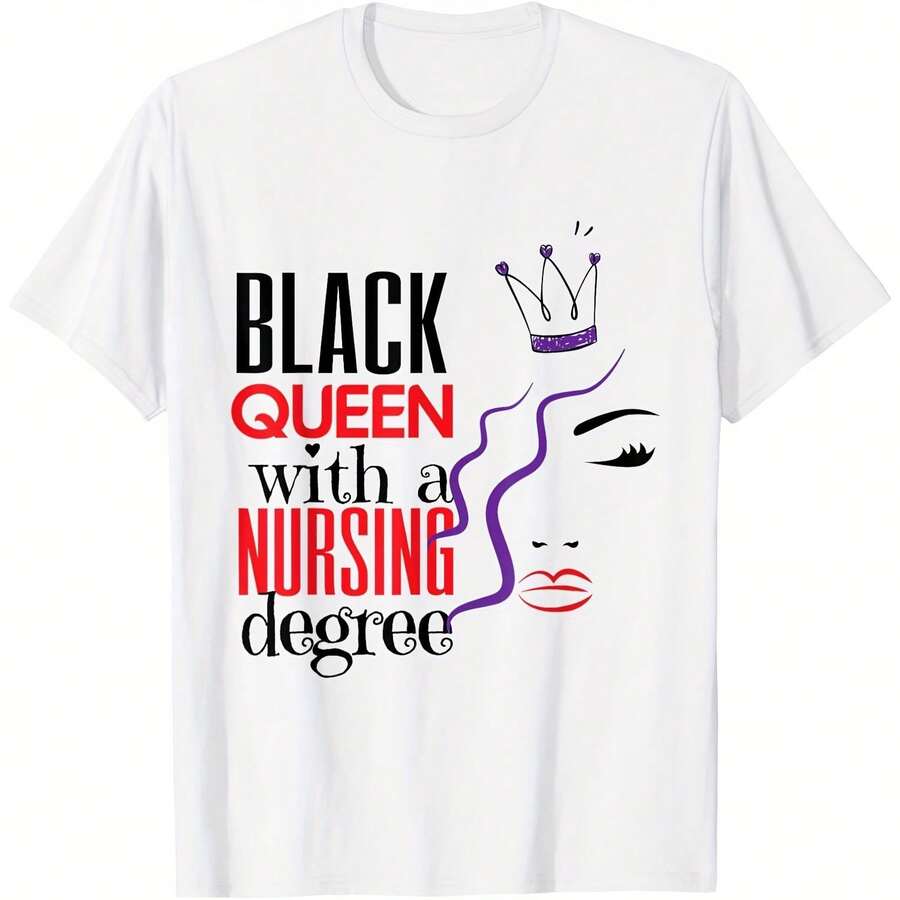 Black Nurse Queen Nursing School Graduation RN LPN BSN T-ShirtWo's 220g Thick Cotton T-Shirt With Butterfly Print Pattern, Suitable For Girls And Wo's Short Sved Round Neck Inspirational Shirt, Cute Aesthetic Y2K Style Summer Top, Suitable For Outdoor, Family, Work Or Street Wear Casual Loose Daily T-Shirt - White - View 1
