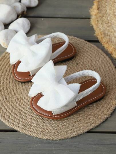 1 Pair Toddler/Little Kids' Beige Flat Sandals, Soft Fabric Material, Elastic Back Design, Round Toe, Casual & Cute Beach Sandals For Girls, Suitable For Daily, Beach, Vacation In Summer