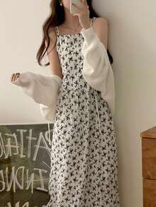 Summer Ditsy Floral Loose Strap Casual Dress, Flattering