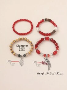 4 pièces/set Bracelet multicouche avec pendentifs en forme de feuilles de cerisier, fraises et franges en perles de verre de style bohème, convient pour les femmes au quotidien, la plage, les vacances, la remise des diplômes, en cadeau