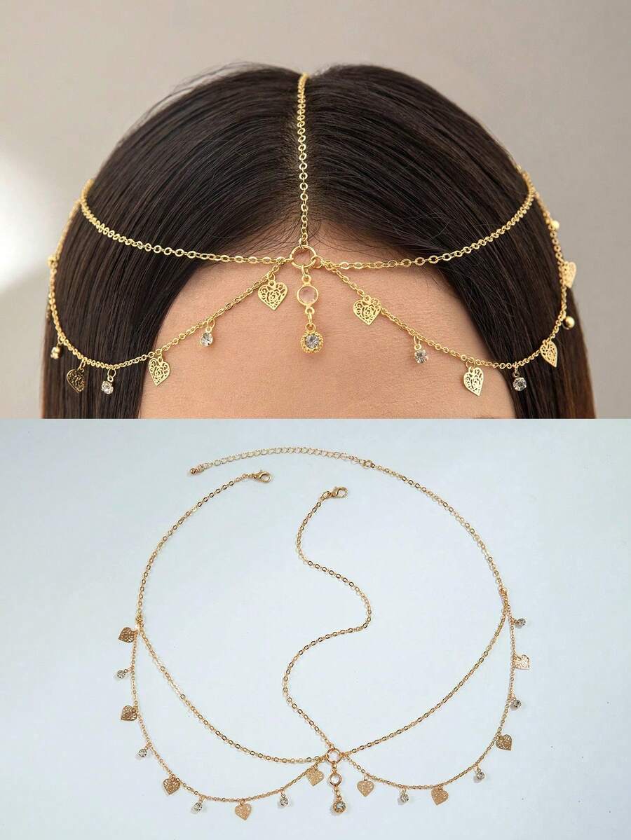 1 Fashionable And Simple Alloy Heart-Shaped Tassel Rhinestones Basic Chain Head Chain For A Girl's Dance Party Gift (Handmade Chain Cut According To Size, The Number Of Rhinestones Heart-Shaped Pieces Is Not Fixed) - vàng - Xem 1