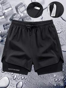 Men's Fashionable Printed Solid Color Quick-Dry Shorts - 2-In-1 Layered Design, Breathable Stretchy, Suitable For Basketball, Gym And Outdoor Sports