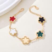 1pc Colorful Shell Inlaid Clover Charm Flower Chain Bracelet, Fashionable & Elegant For Women & Girls
