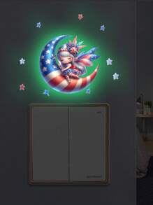 Set de 2 calcomanías de pared con diseño de gato que brillan en la oscuridad para el Día de la Independencia, pegatinas de pared de decoración de habitación