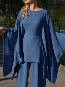 女士假日休闲优雅束腰蝙蝠袖宽松西装 - 藍色 - 查看 5