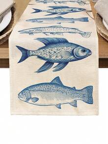 1pc Ocean Theme Printed Table Runner, 4/6/8pcs Ocean Printed Placemats, Suitable For Holidays, Parties, Birthdays, Dinners, Kitchen & Dining Room Decor, Year-Round Home Decoration, Table Linens - Blue and White - View 9