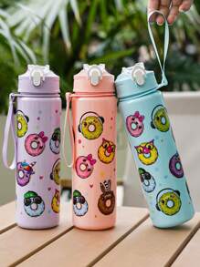 1pc 700ml/23oz Cartoon Donut Pattern Plastic Water Bottle, Children Plastic Water Cup With Lid, Lockable Design, Lanyard, Portable For School, Outdoor Sports, Camping, Picnic