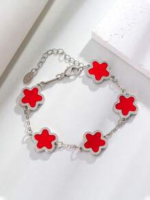 1pc Colorful Shell Inlaid Clover Charm Flower Chain Bracelet, Fashionable & Elegant For Women & Girls