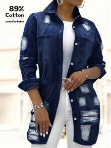 Women's Casual Mid-Length Distressed Washed Denim Jacket, Autumn - Black - View 5