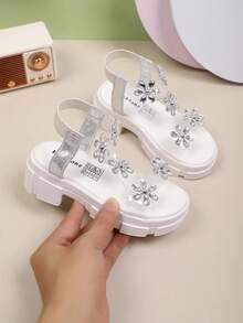 夏季女孩厚底凉鞋，花朵装饰，透明设计，优雅公主鞋，适合日常穿着、婚礼和派对