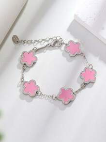 1pc Colorful Shell Inlaid Clover Charm Flower Chain Bracelet, Fashionable & Elegant For Women & Girls