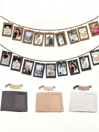 21pcs/Sets Of Retro Kraft Paper Photo Frames, Flag And Banner Home Decorations With Thread Clips, With Clips And Rope, Suitable For Weddings, Anniversaries, Birthdays, Festival Parties, Home Decoration, And DIY Desktop Decoration (10 Photo Frames +10 Clips +1 Rope) Room Decor Bedroom Decor Wall Decor