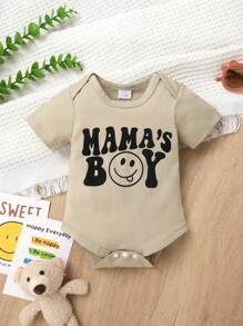 2pcs/Set Casual Cute Baby Boy One-Piece Outfit, Soft, Breathable, Comfortable, Fun Letter & Face Pattern Short Sleeve Bodysuit, Suitable For Vacation, Party, Everyday Wear