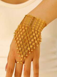 1pc Fashionable New Metal Woven Beads Tassel Finger Ring Bracelet, Middle Eastern Luxury Palace Style, Suitable For Party & Festival Wear - Yellow Gold - View 6