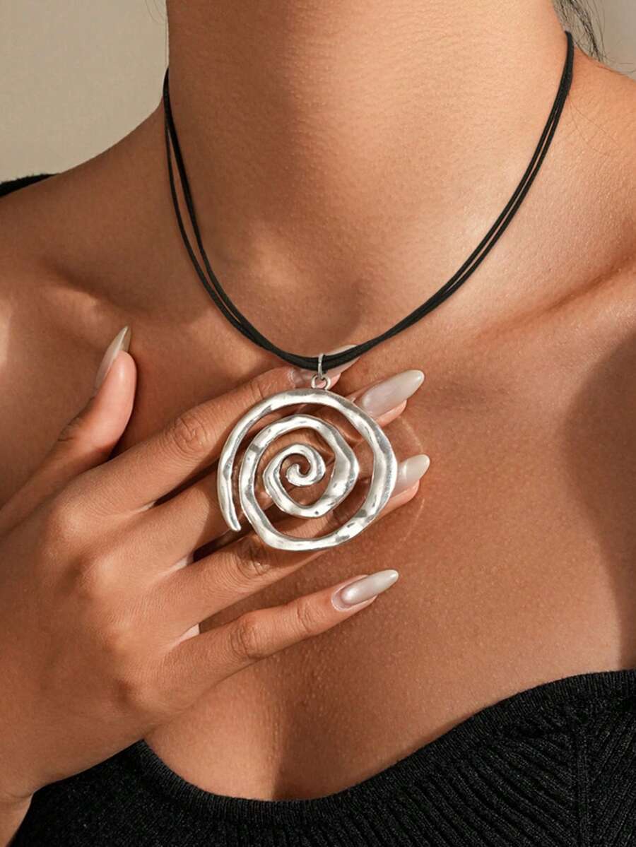 rundraw 1 Máy Tính Vintage Bạc Xoắn Ốc Mặt Dây Chuyền, Punk, Kim Loại Dây Da Màu Đen Vòng Cổ Unisex, đi Biển Hoặc Mặc Hàng Ngày - Màu Bạc Cổ - Xem 1