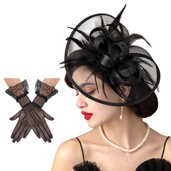 3pcs/1set Fascinator Hat With Lace Bow Gloves Chicken Feather Derby Tea Party Cocktail Hat With Wedding Veil Accessories Costume Set For Women Halloween