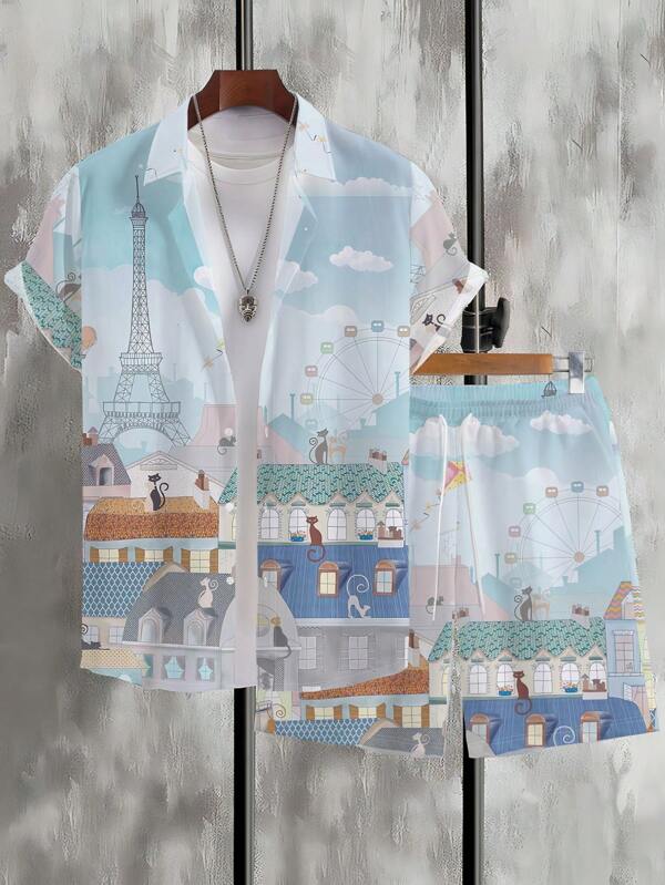 2pcs Set Summer Fitted Shirt Outfit, Hawaiian Casual Resort Beach Wear