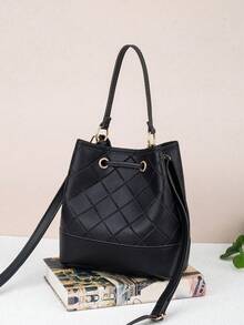 女士菱格抽绳水桶包，大容量百搭手提包，新款女单肩斜挎包 - 黑色 - 查看 4