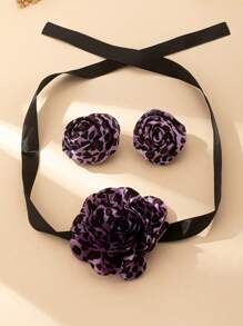 Set de 3 piezas de elegantes y encantadores pendientes, collar y joyería con estampado de leopardo y flores de rosa, adecuado para fiestas, banquetes, citas, regalo del Día de San Valentín para mujeres