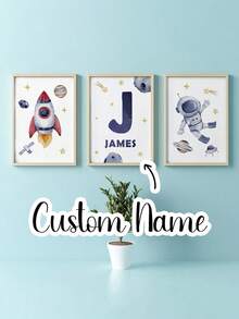 3pcs Customized Morpholume Frameless Children Poster, Rocket Space Astronaut Theme Wall Art Print, Personalized Name Plate, Decor For Boys & Girls Room, Gallery Wall Art, Neutral Bohemian Style, Kids Bedroom Home Decor, Back To School - Multicolor - View 12