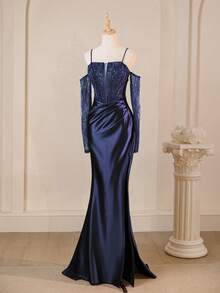 Váy dạ hội dự tiệc cưới màu trắng ren tương phản dây đeo Spaghetti Giáng sinh thanh lịch cho tiệc tối trang trọng mùa đông, dự tiệc tốt nghiệp, tiệc tối - Màu xanh hải quân - Xem 4