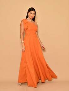 Helena Long Dress Luxury Plain Duna Linen With Bow One Shoulder - terra conta - 查看 2