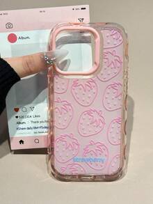 Cute Cartoon Pink Strawberry 3D Wavy Edge Jelly Phone Case Compatible With IPhone16 15 14 13 12 11 Pro Max Lovely Shockproof Phone Cover Girl Gift - Pink - View 3