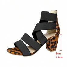 Women's Leopard Print High Heel Sandals, Open Toe Chunky Heel, Sexy Roman Straps, Zipper Closure, Synthetic Upper, Rubber Sole, 2024 New Arrival