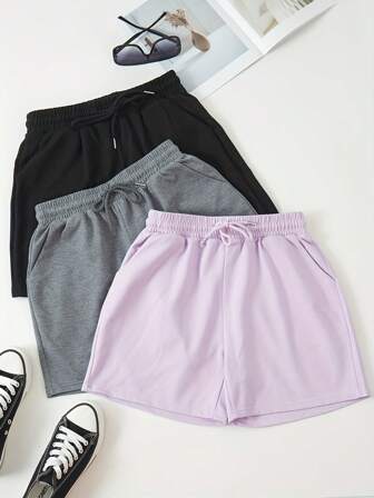 3 件套女式轻盈夏季抽绳腰短裤，带前口袋 - 休闲跑步、运动和居家穿着，灰色、淡紫色和白色