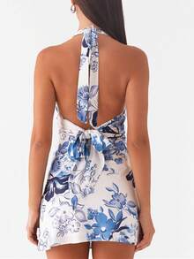 Women Y2k Halter Back Tie Up Bow Formal Mini Dress Cute Floral Backless Silk Satin Beach Vacation Short Dresses Summer Club Party Night Sundress - 藍色 - 查看 5